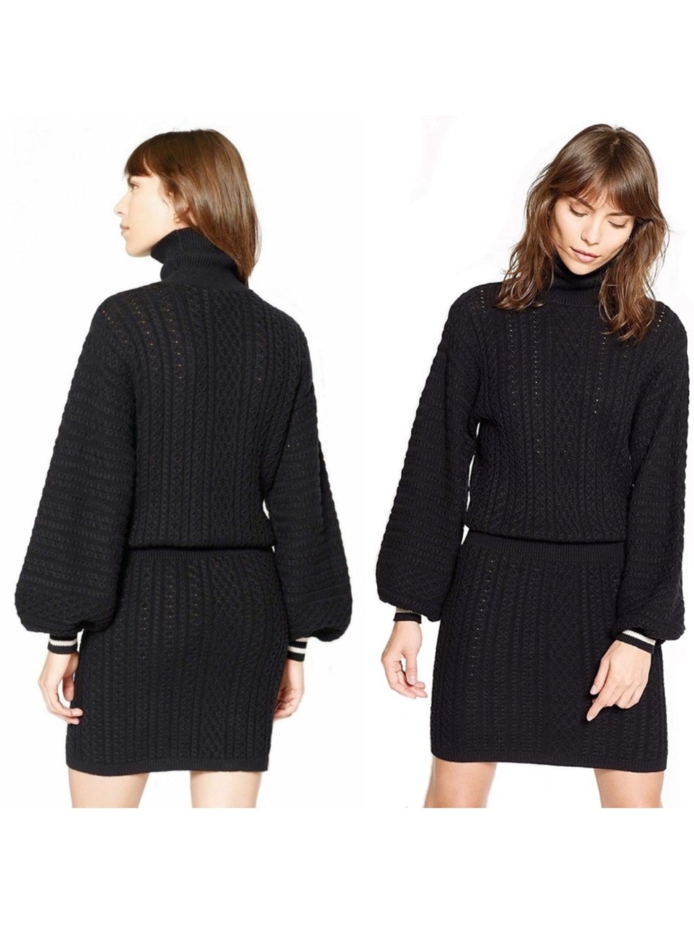 Joie Jelinelle Turtleneck Sweater Dress Caviar Cotton Cashmere Cableknit XS